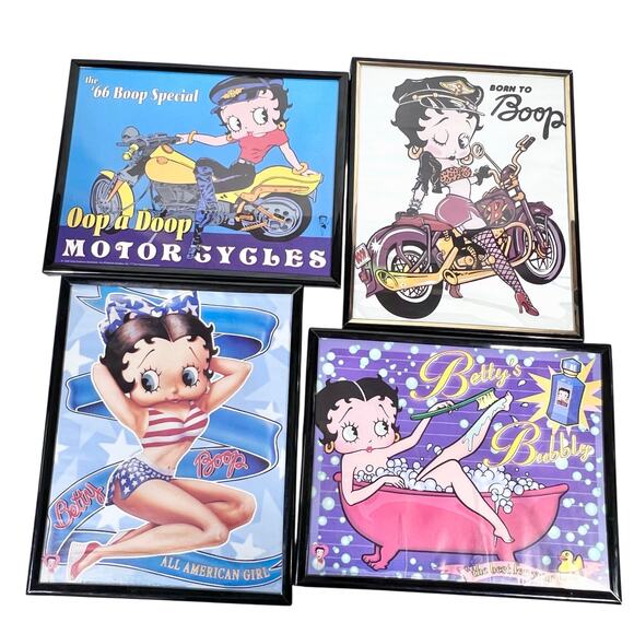 Vintage Betty Boop Framed Pictures Lot of 4 10x8" Biker Bubble Bath Glamour 90's - Picture 1 of 16